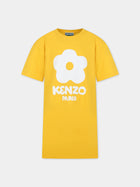 Vestito giallo per bambina con fiore e logo bianco,Kenzo Kids,K60210 536